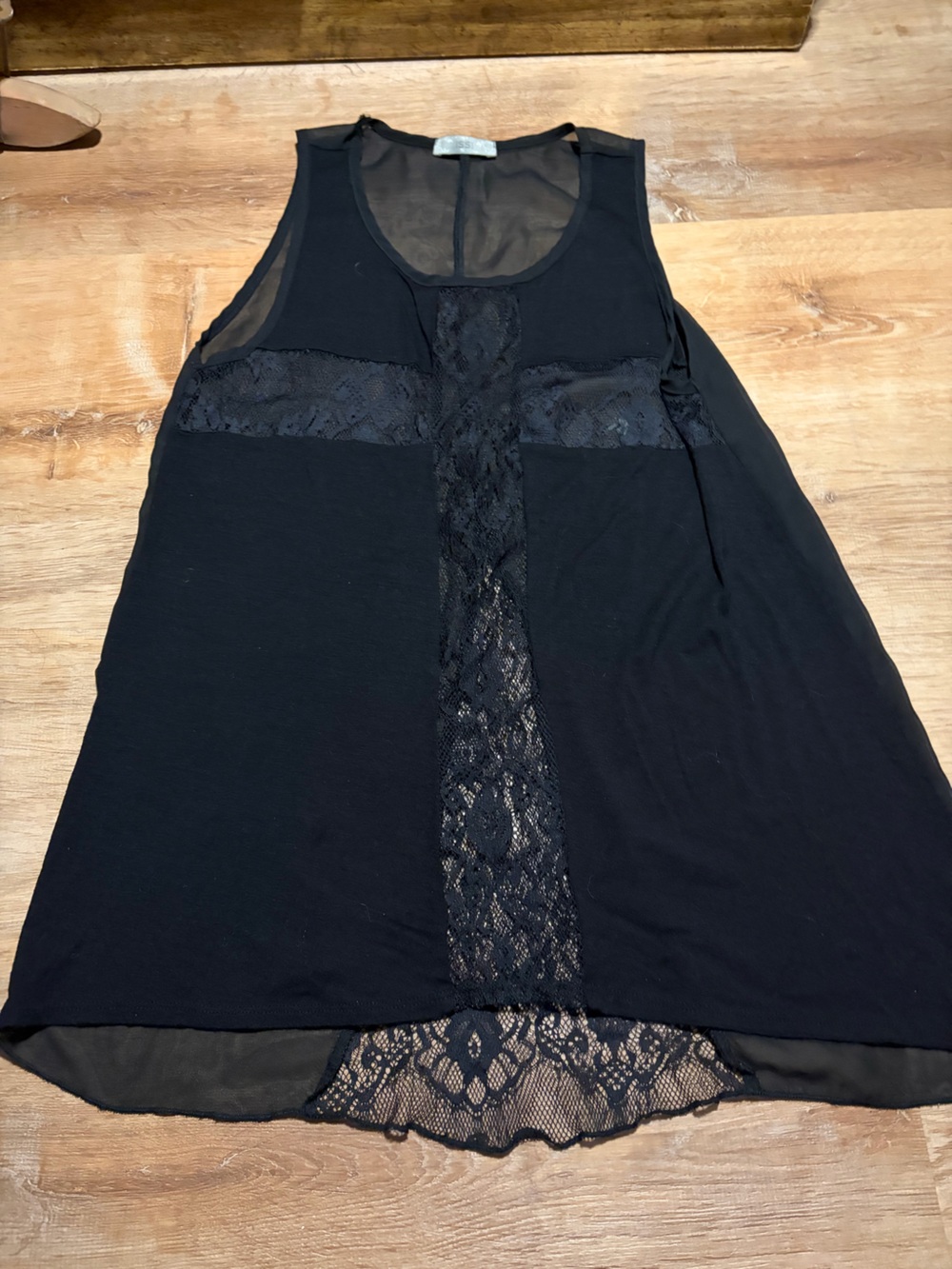 Y2K Black Gothic Cross Insert Chiffon Lace Panel Tank top